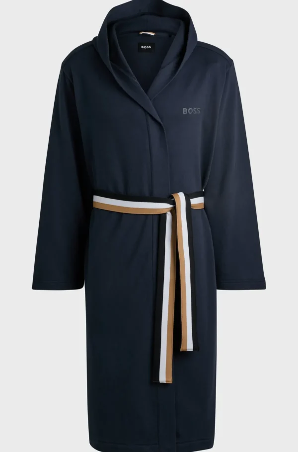 HUGO BOSS Pijamas E Loungewear>Roupão Com Capuz Em Terry De Algodão Com Cinto Com Riscas De Assinatura