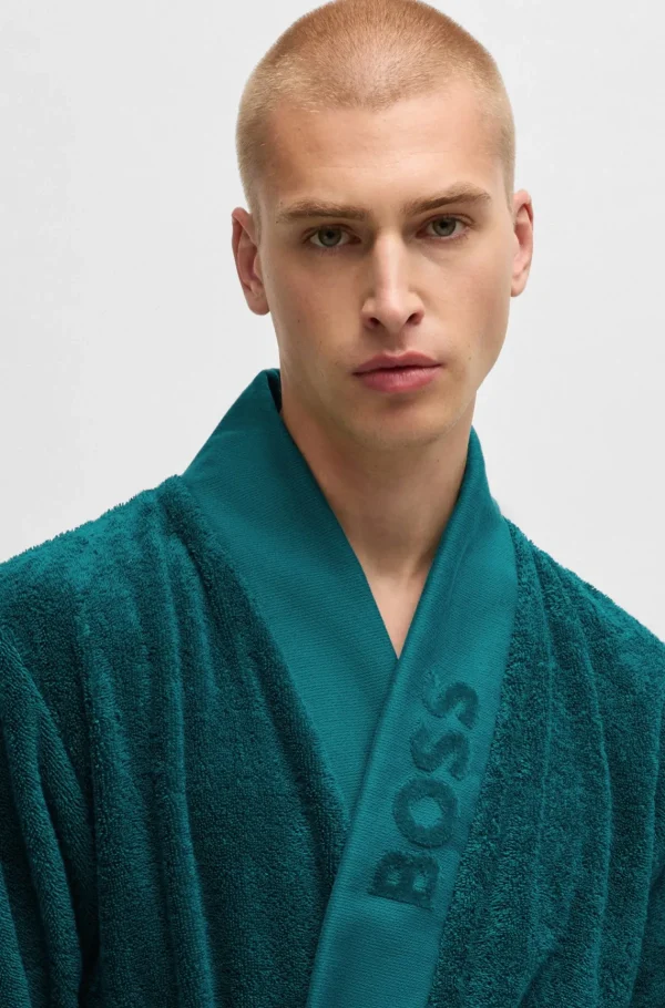 MULHER HUGO BOSS Pijamas E Loungewear>Roupão Comprido De Lapela Com Logótipo Em Algodão De Fibra Comprida