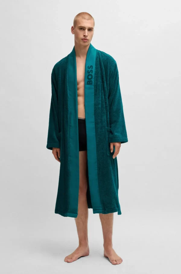 MULHER HUGO BOSS Pijamas E Loungewear>Roupão Comprido De Lapela Com Logótipo Em Algodão De Fibra Comprida