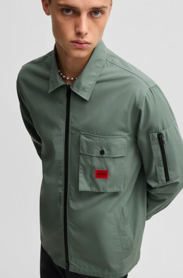 HUGO BOSS Camisas>Sobrecamisa De Lona De Mistura De Algodão Com Fecho E Etiqueta De Logótipo
