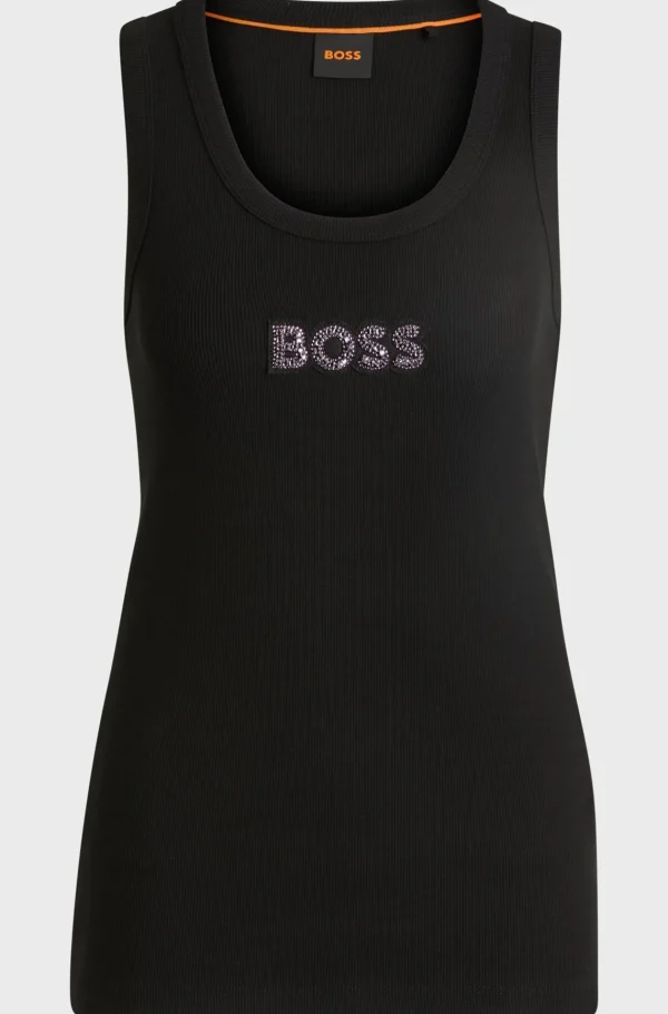 MULHER HUGO BOSS T-Shirts E Tops>Top De Alças De Algodão Elástico Canelado Com Emblema De Logótipo De Cristal