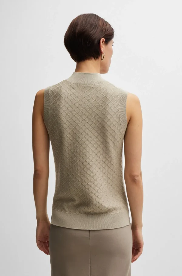 MULHER HUGO BOSS T-Shirts E Tops>Top De Gola Alta Sem Mangas Em Seda E Algodão