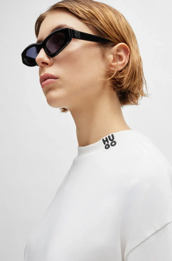 MULHER HUGO BOSS T-Shirts E Tops>T-shirt De Ajuste Descontraído Recortada De Algodão Com Logótipo Sobreposto