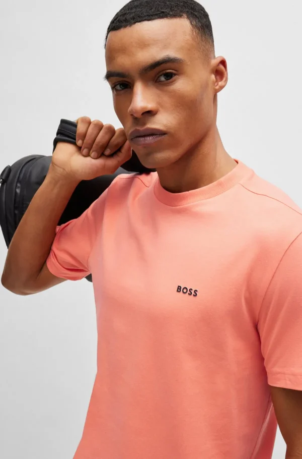 HUGO BOSS T-Shirts>T-shirt De Ajuste Regular Em Algodão Elástico Com Logótipo Contrastante