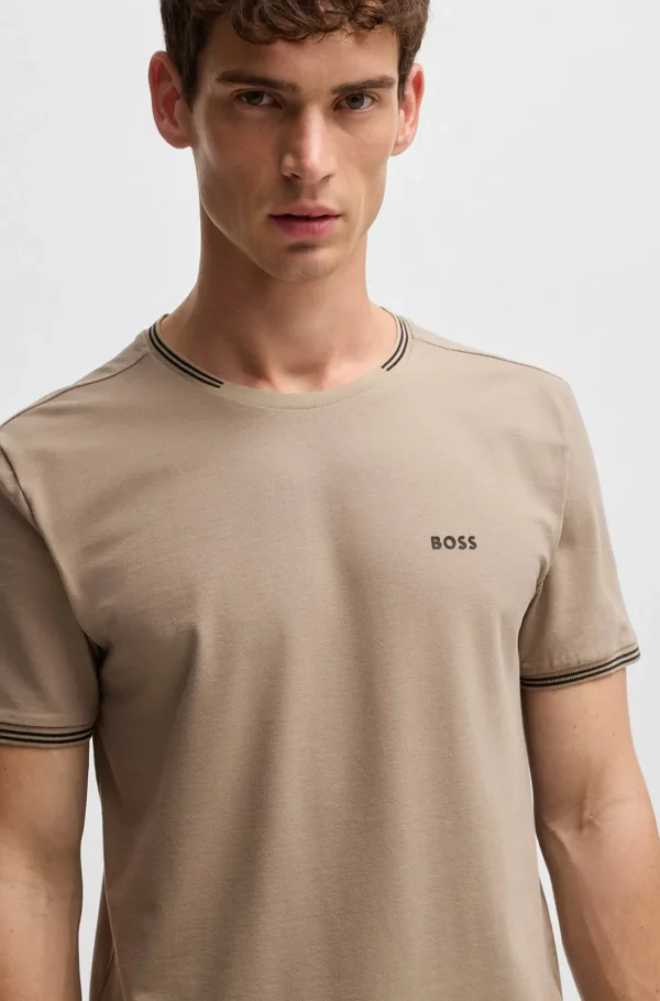 HUGO BOSS T-Shirts>T-shirt De Algodão Elástico Com Riscas E Logótipo