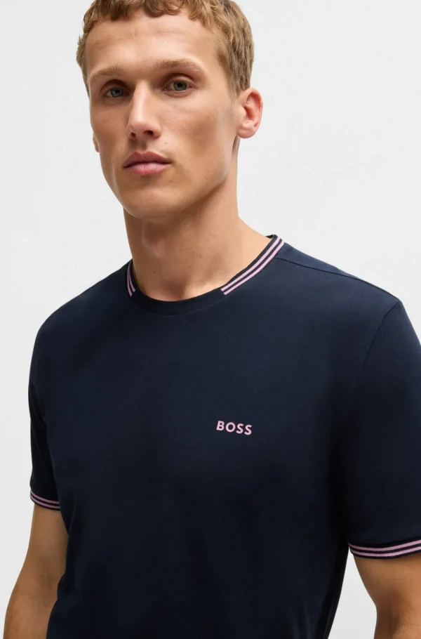 HUGO BOSS T-Shirts>T-shirt De Algodão Elástico Com Riscas E Logótipo