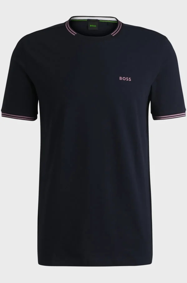 HUGO BOSS T-Shirts>T-shirt De Algodão Elástico Com Riscas E Logótipo