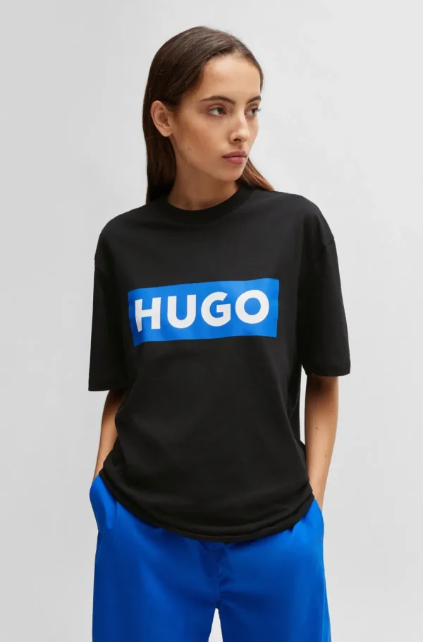 MULHER HUGO BOSS T-Shirts E Tops>T-shirt Em Jersey De Algodão Com Logótipo Azul