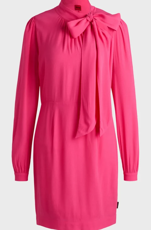 MULHER HUGO BOSS Vestidos E Macacões>Vestido De Manga Comprida Em Tecido Crepe Com Gola Em Laço