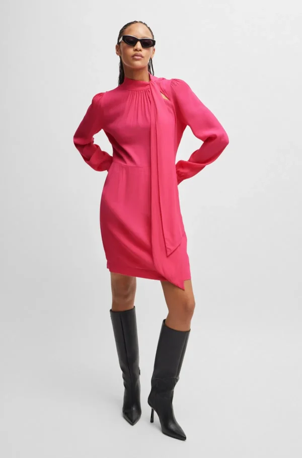 MULHER HUGO BOSS Vestidos E Macacões>Vestido De Manga Comprida Em Tecido Crepe Com Gola Em Laço