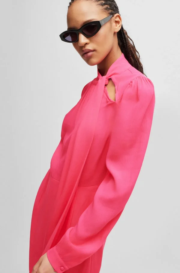MULHER HUGO BOSS Vestidos E Macacões>Vestido De Manga Comprida Em Tecido Crepe Com Gola Em Laço