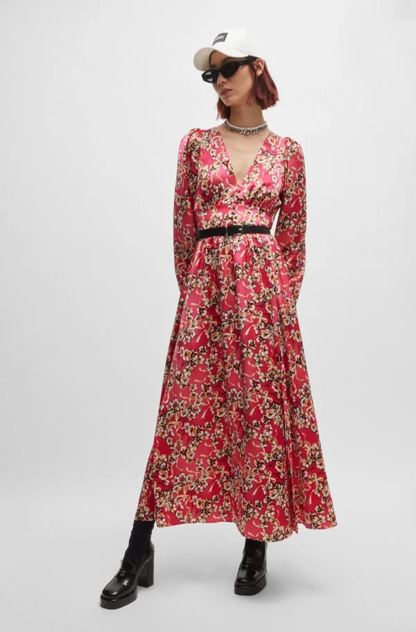 MULHER HUGO BOSS Vestidos E Macacões>Vestido Maxi Com Estampa Floral E Acabamento Com Botões