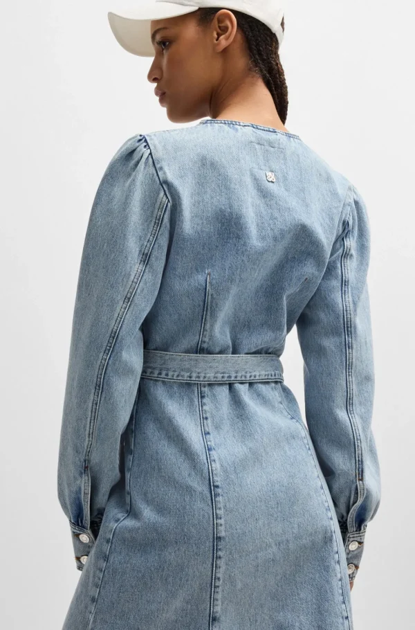 MULHER HUGO BOSS Vestidos E Macacões>Vestido Wrap Azul-marinho Em Ganga Rígida