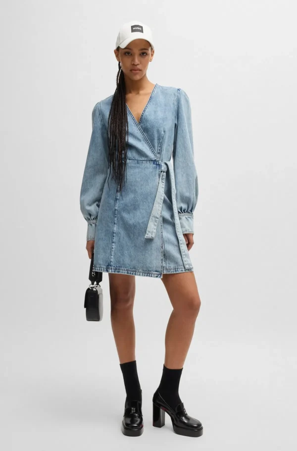 MULHER HUGO BOSS Vestidos E Macacões>Vestido Wrap Azul-marinho Em Ganga Rígida
