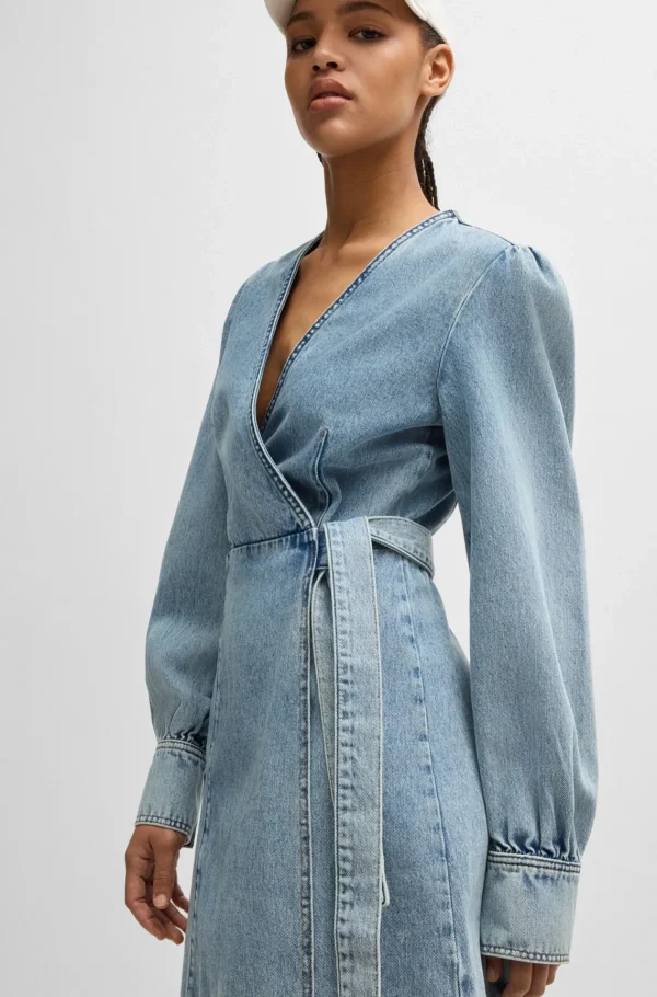 MULHER HUGO BOSS Vestidos E Macacões>Vestido Wrap Azul-marinho Em Ganga Rígida